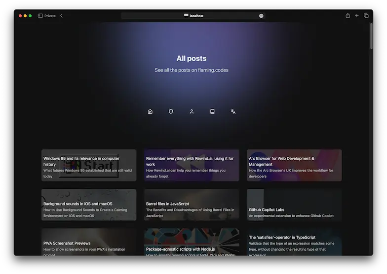 flaming.codes version 2 all posts page in dark mode
