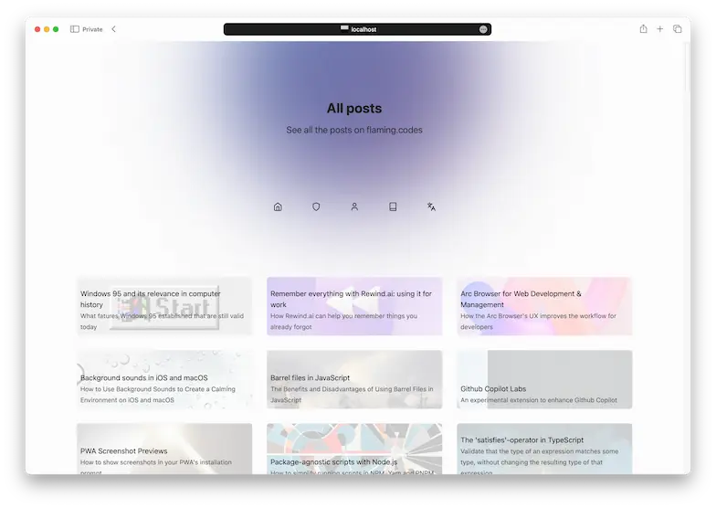 flaming.codes version 2 all posts page in light mode